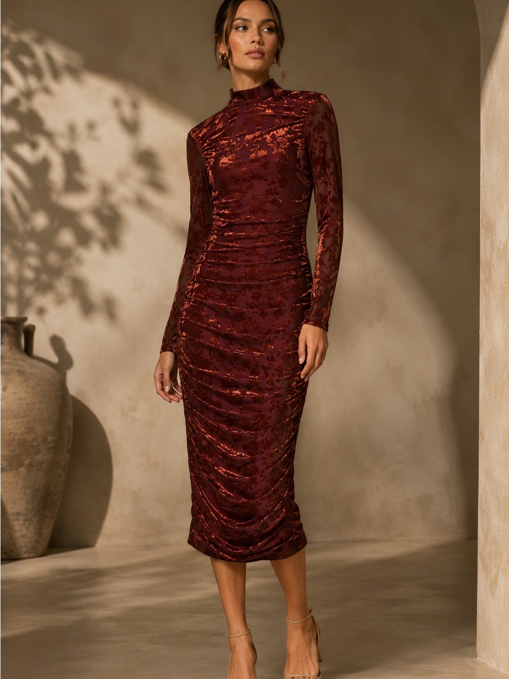 Belle by Badgley Mischka Kendall Velvet Burnout Ruched Bodycon Dress 8